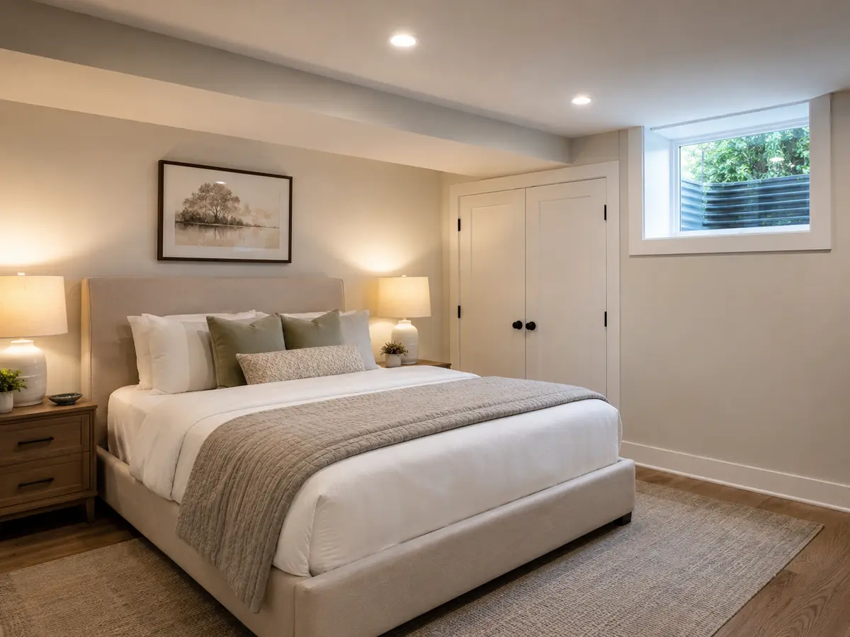 Finished basement guest bedroom with closet and egress window