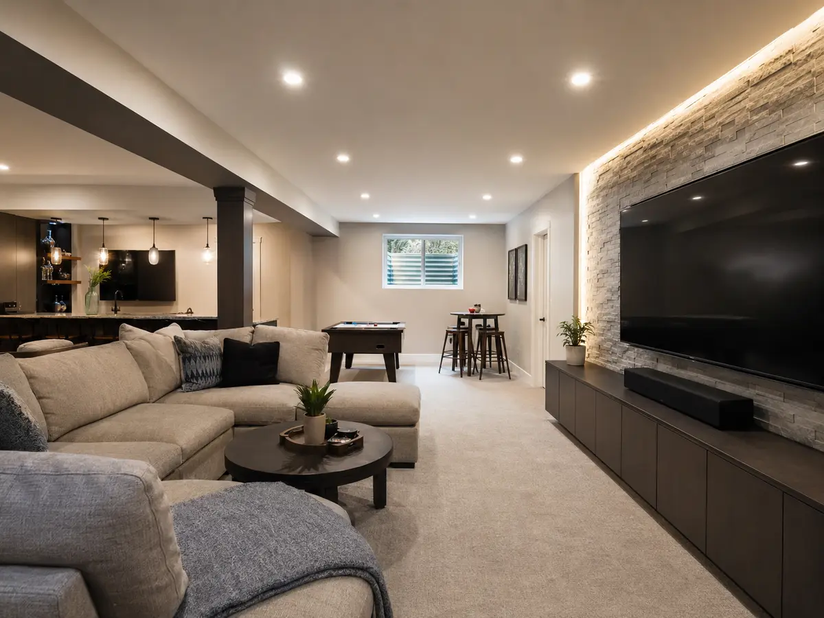 Finished basement entertainment room with seating, television, and game table