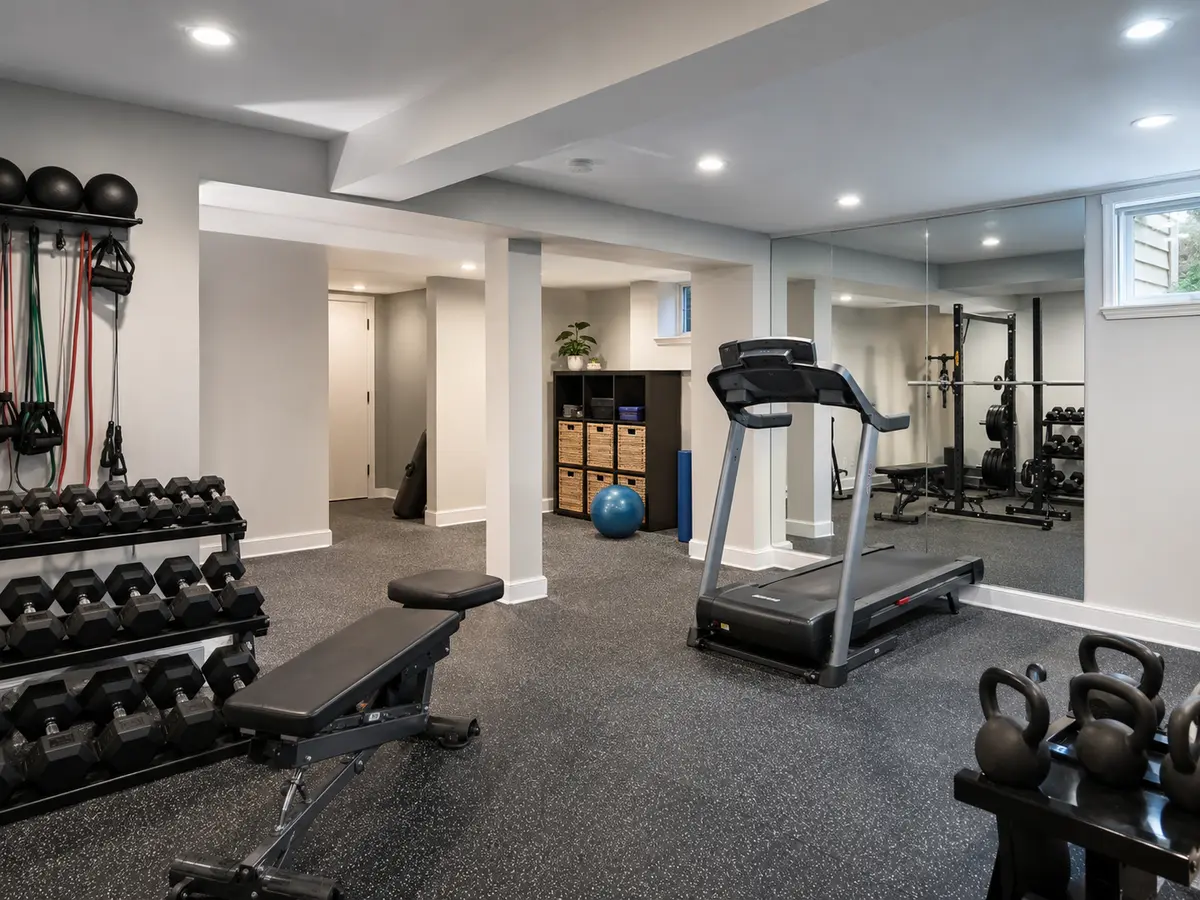Finished basement home gym with organized exercise equipment