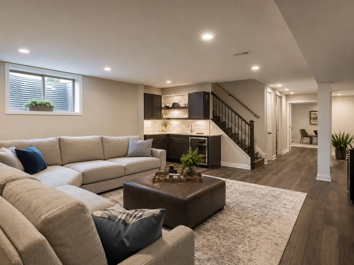 Finished basement family living space with seating and recessed lighting