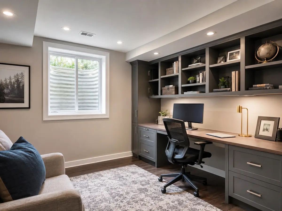 Finished basement home office with built-in desk and egress window