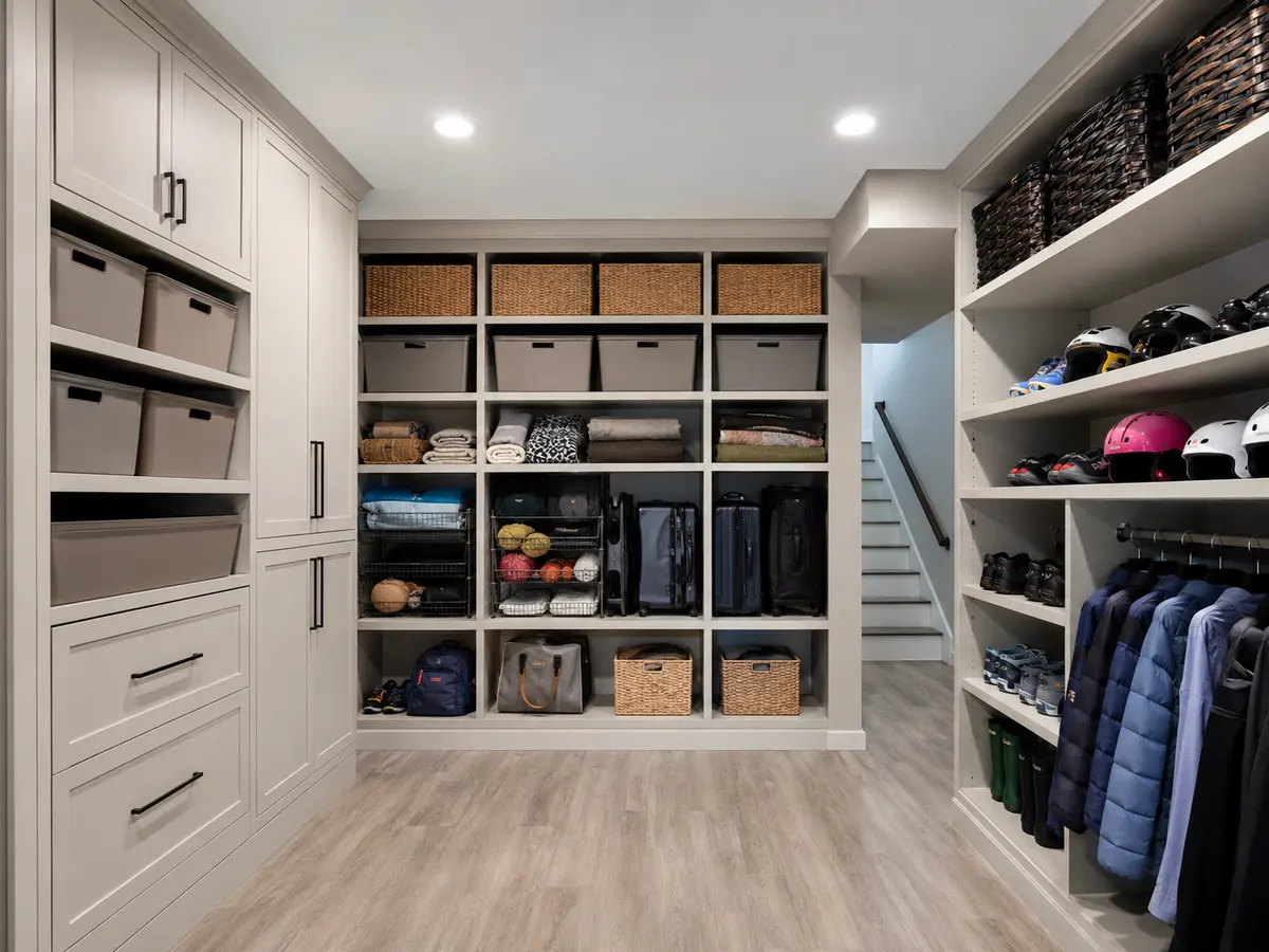 Organized basement storage room with built-in cabinets and shelving