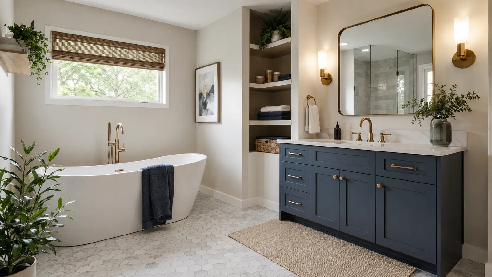 Updated bathroom with a freestanding tub, vanity, and additional storage