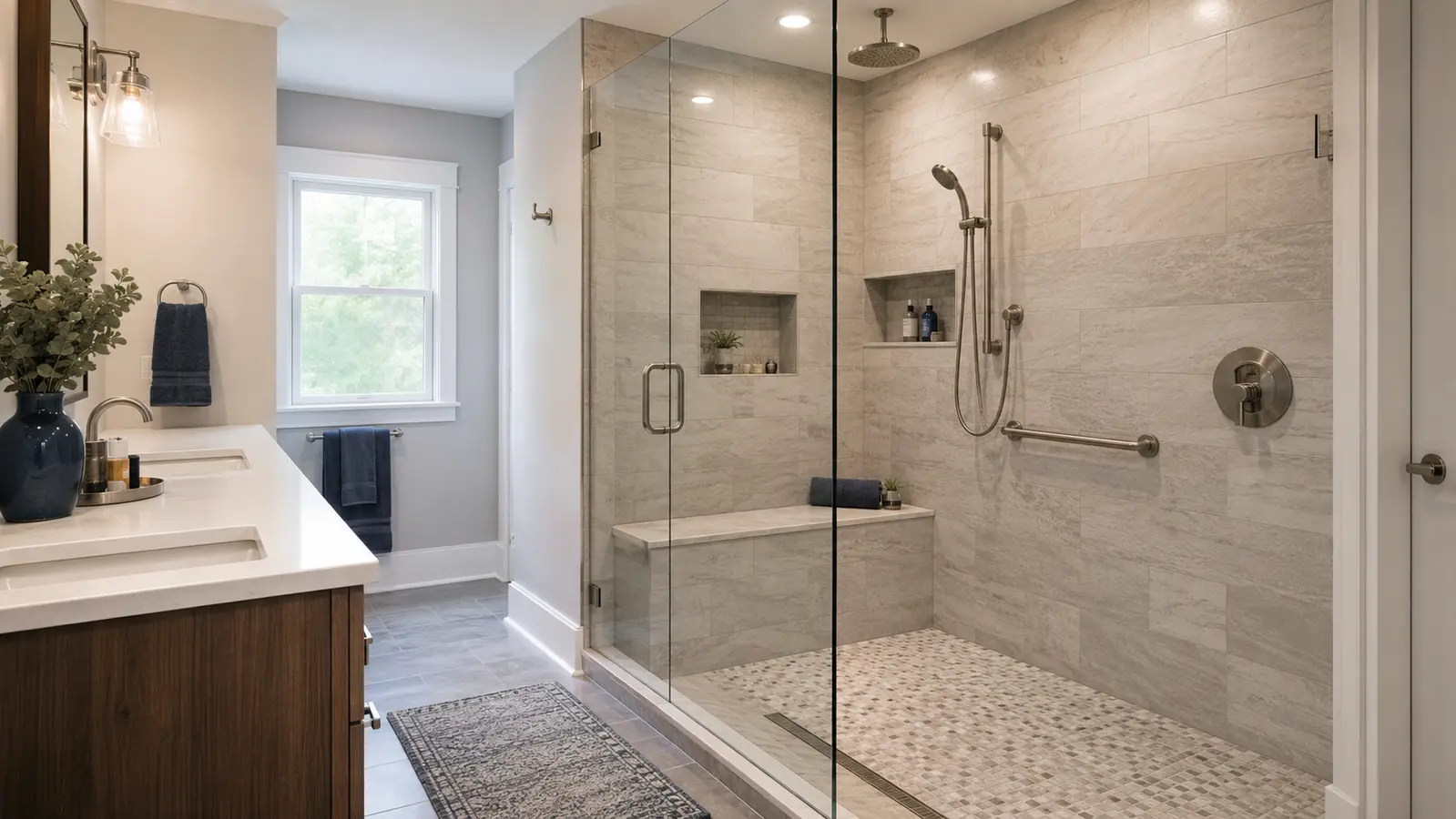 Updated walk-in shower with glass enclosure, bench, and tiled walls
