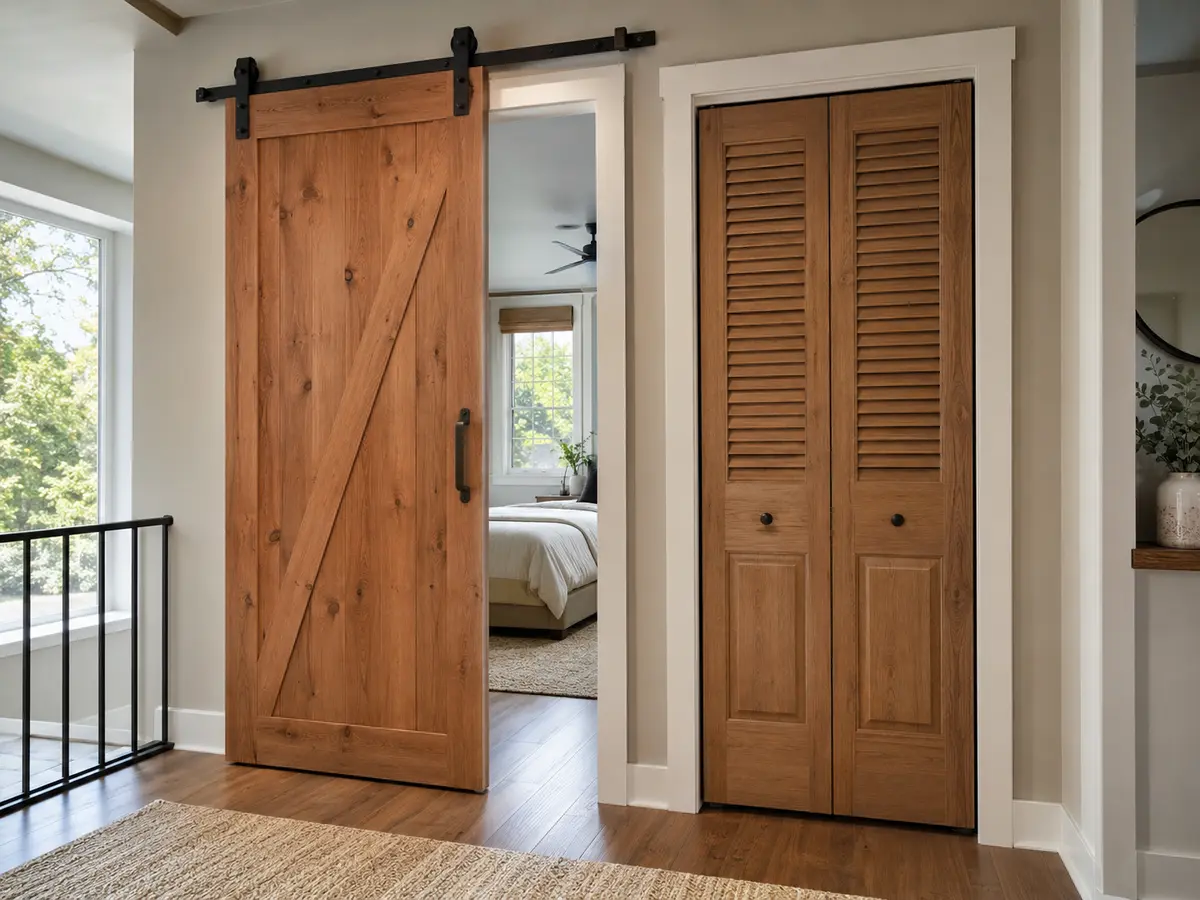 Modern hallway with a wood barn door and bi-fold closet doors