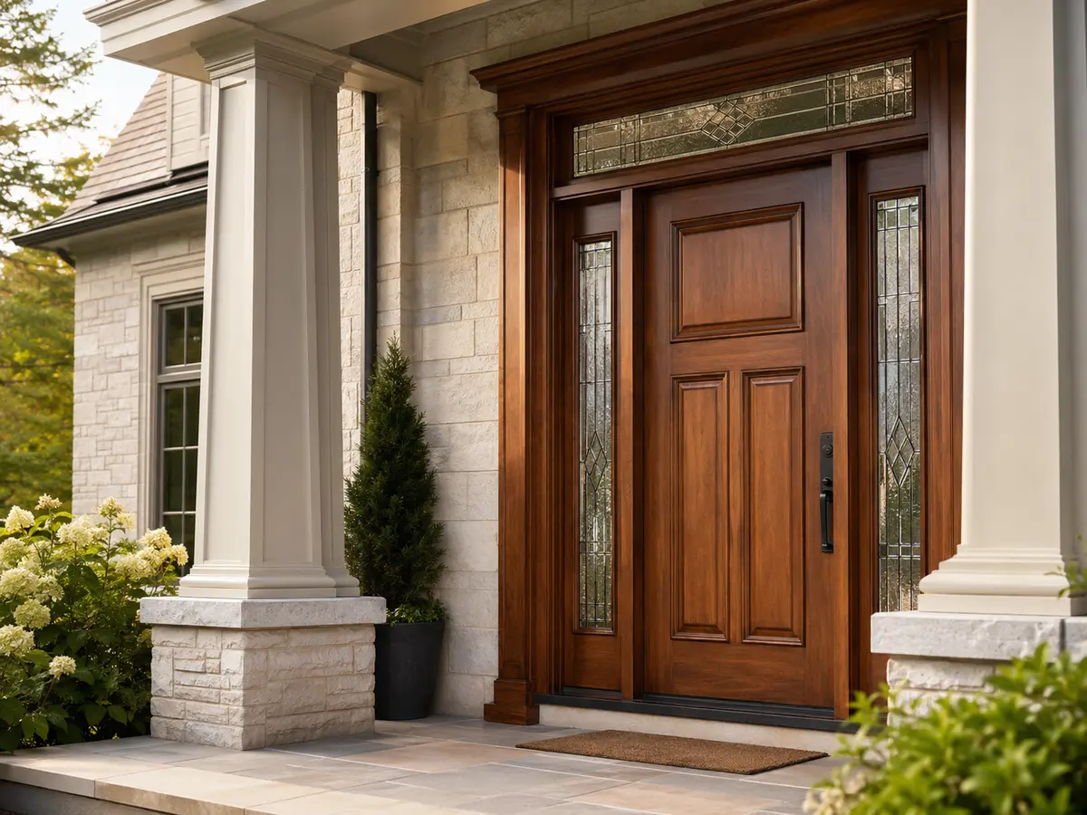 Upscale American home with a new wood entry door and glass sidelights