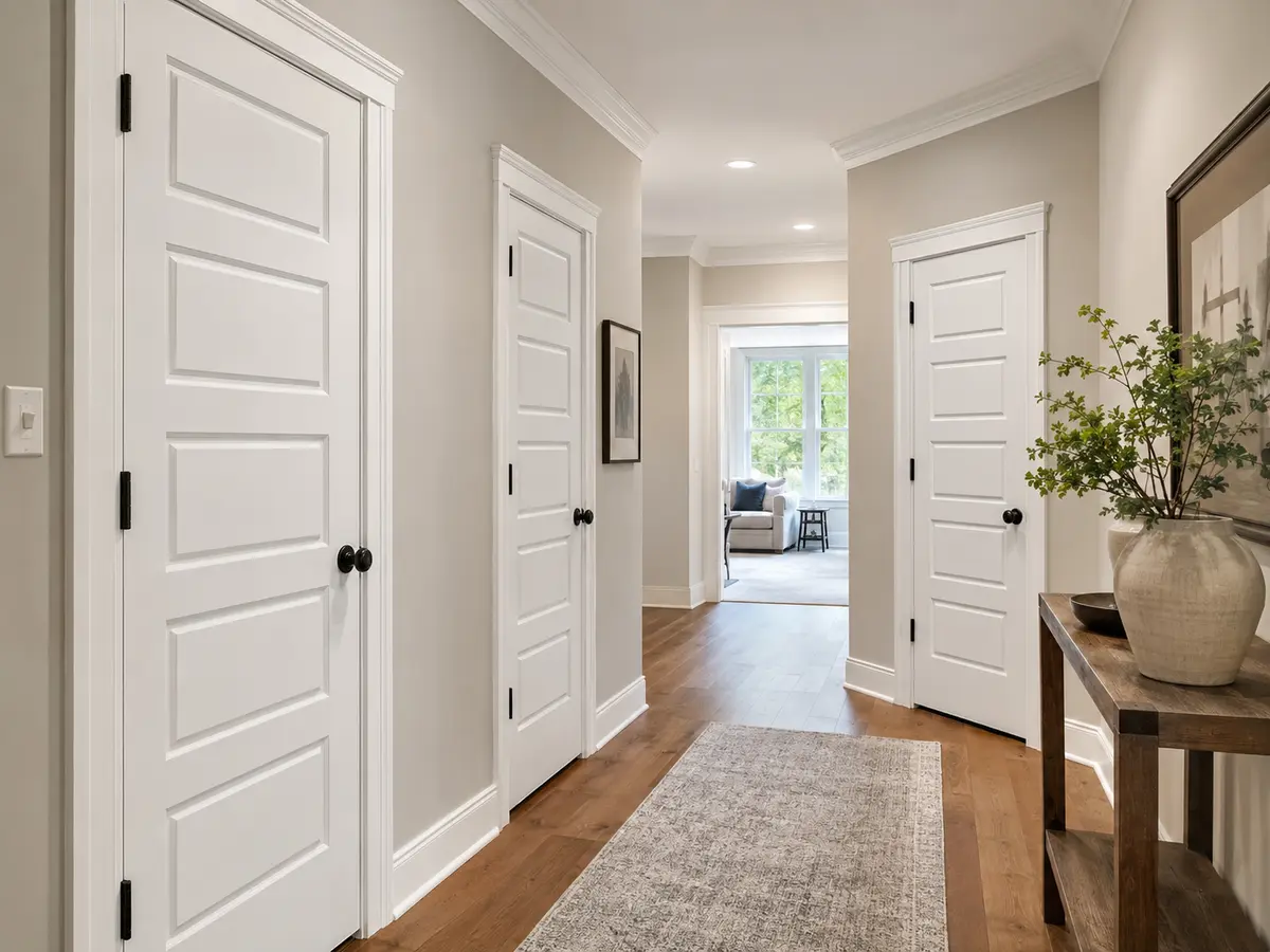 Bright hallway with newly installed white interior panel doors