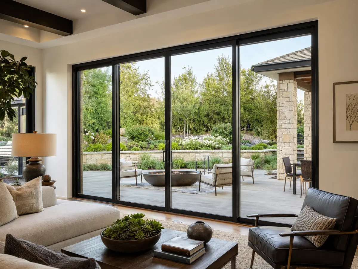 Living room with wide black-framed sliding patio doors