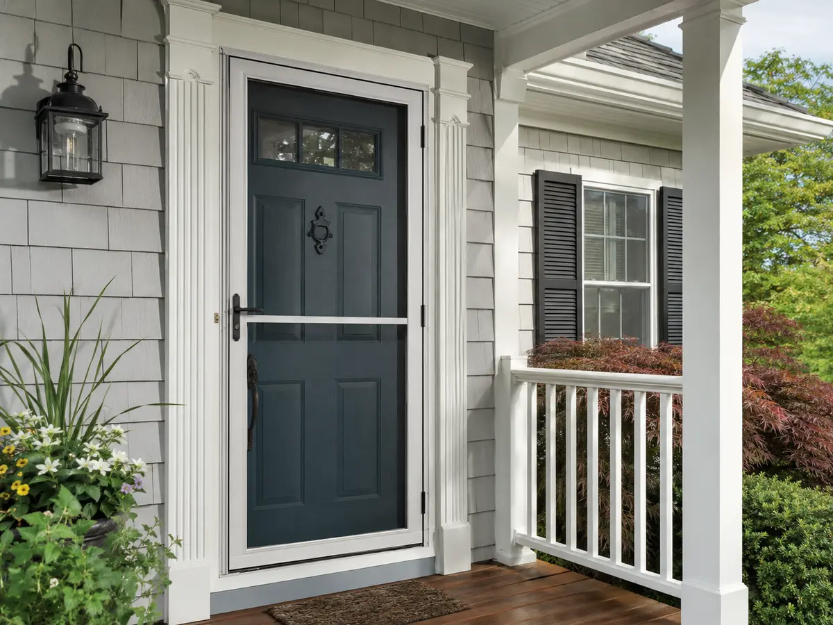 American front porch with a fitted storm and screen door