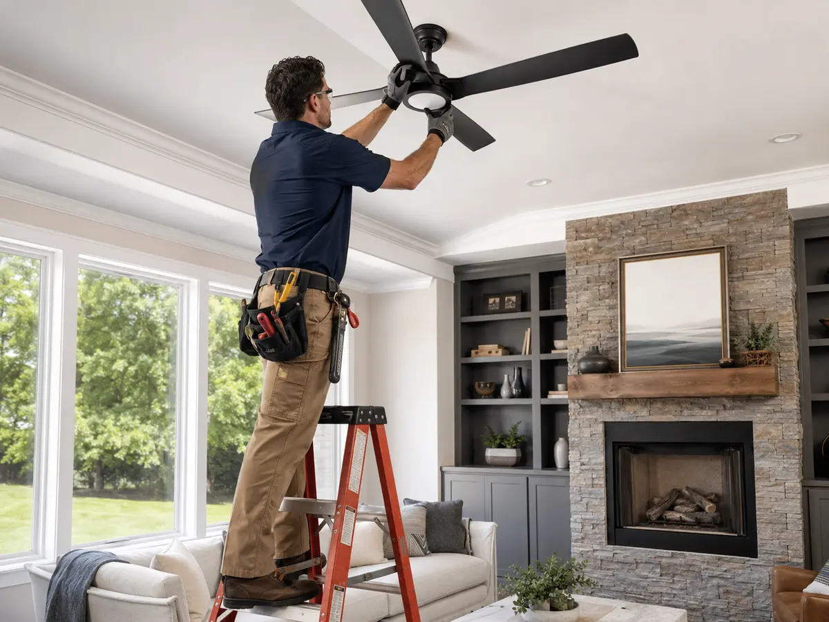 Electrician installing a contemporary ceiling fan