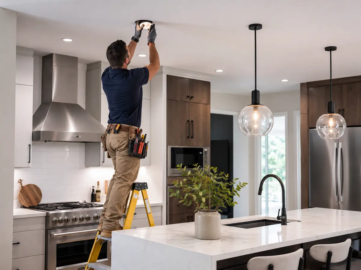 Electrician installing modern residential lighting