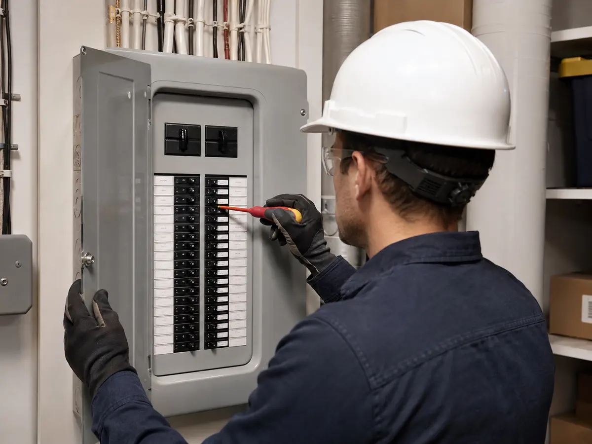 Electrician inspecting a residential breaker panel