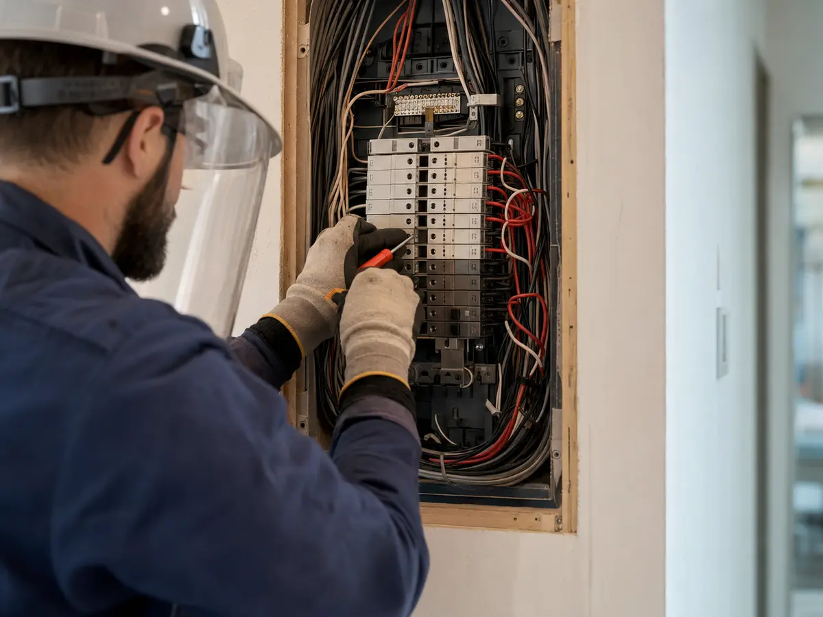 Electrician organizing residential wiring and circuits