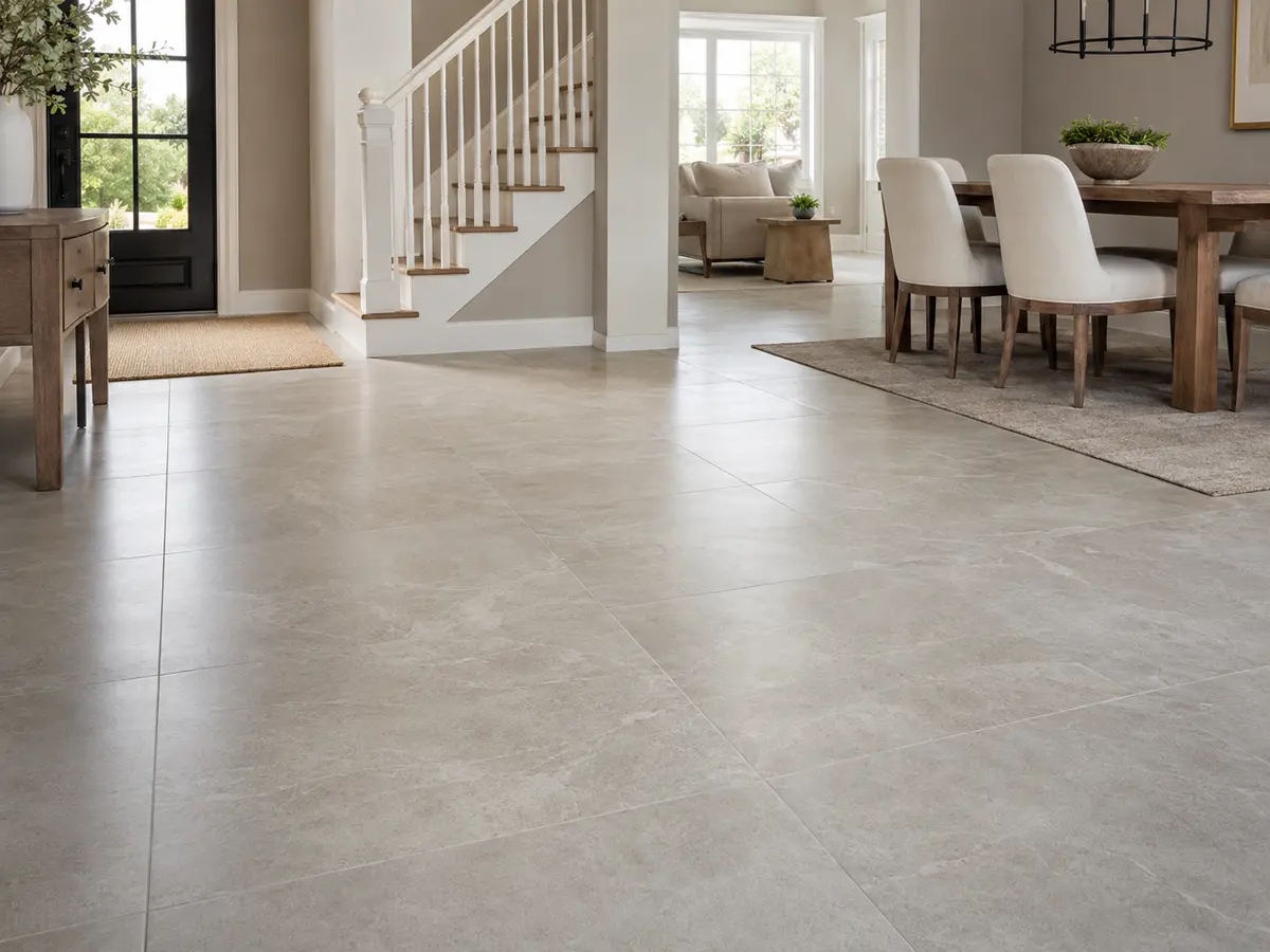 Ceramic and porcelain tile flooring in an entry and dining area