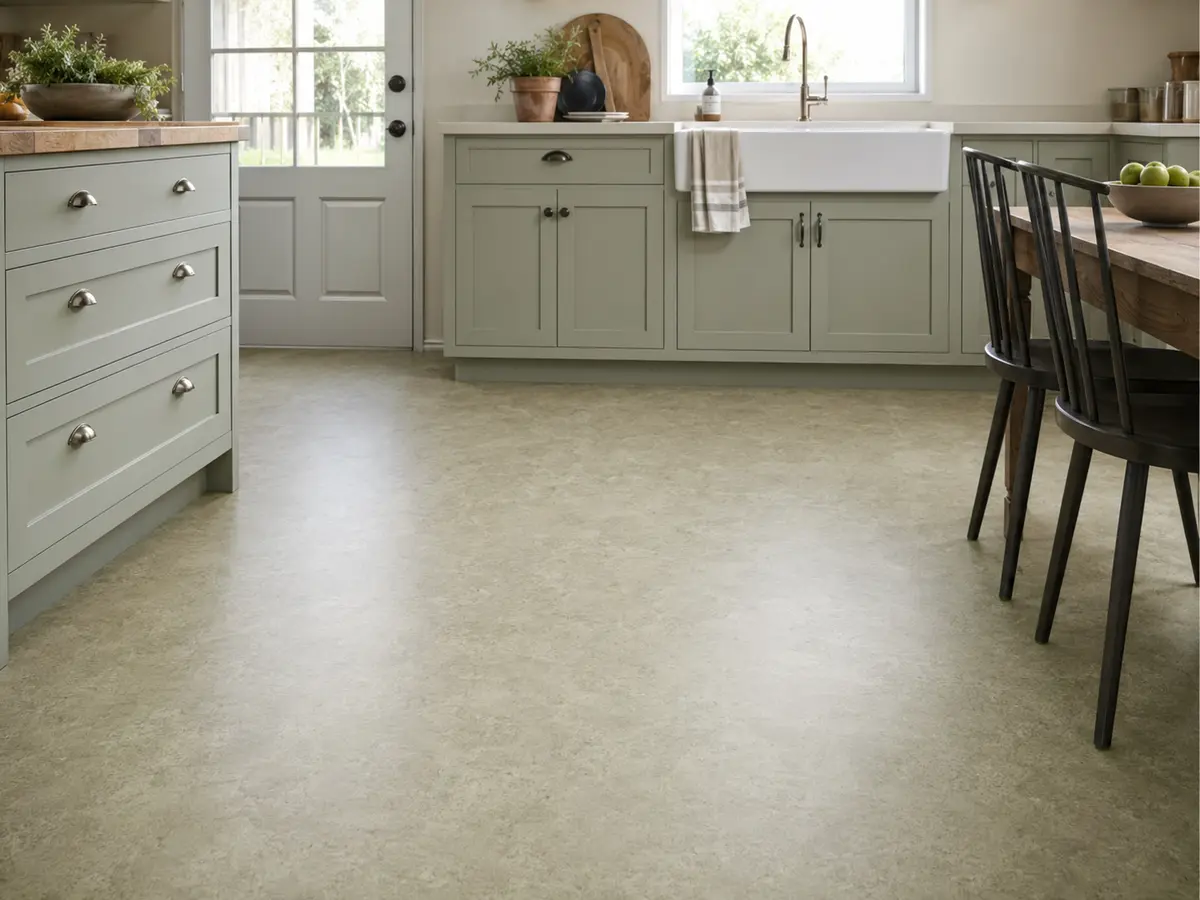 Natural linoleum flooring in a bright kitchen