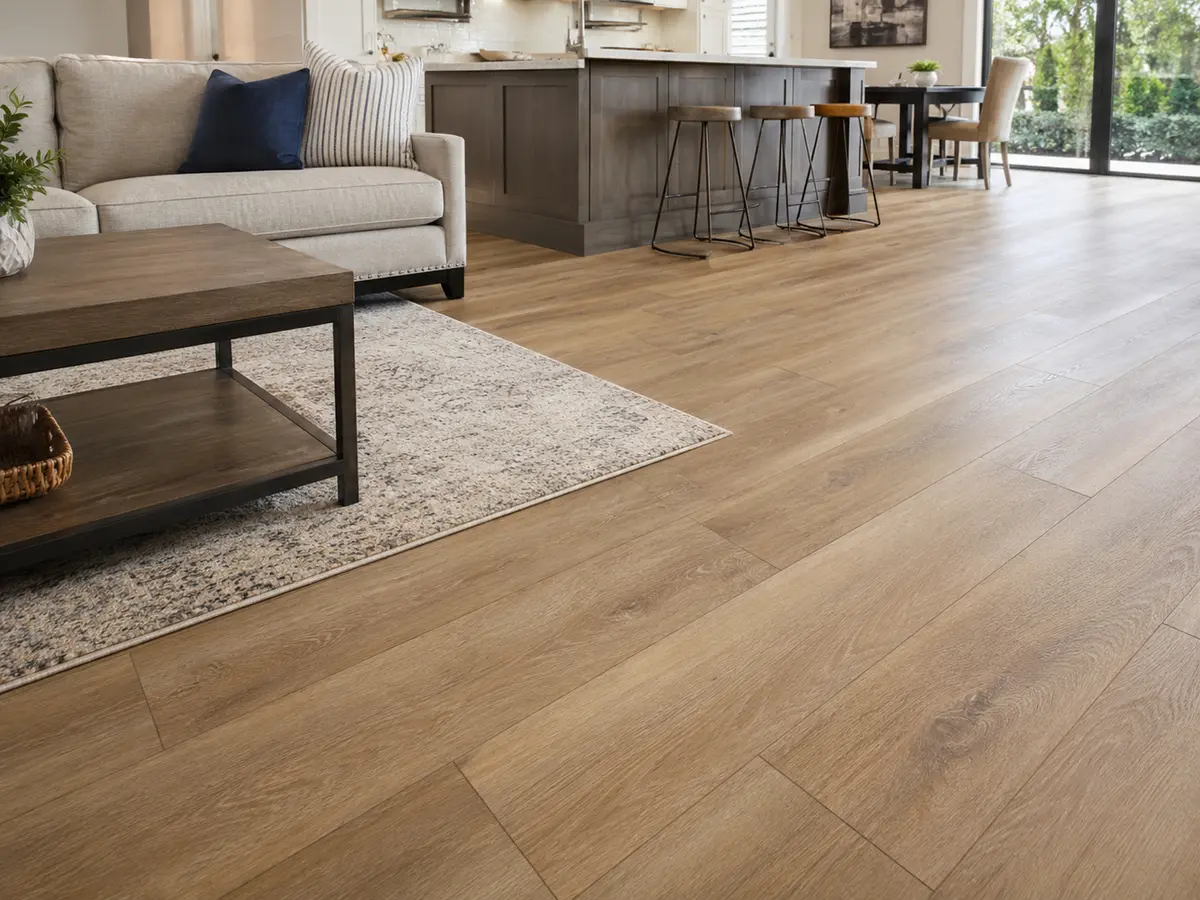 Luxury vinyl plank flooring in an open living space