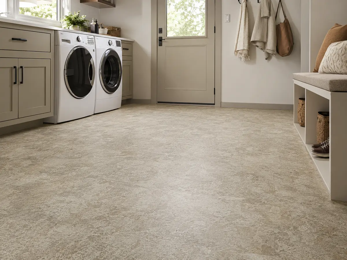Sheet vinyl flooring in a laundry and mudroom