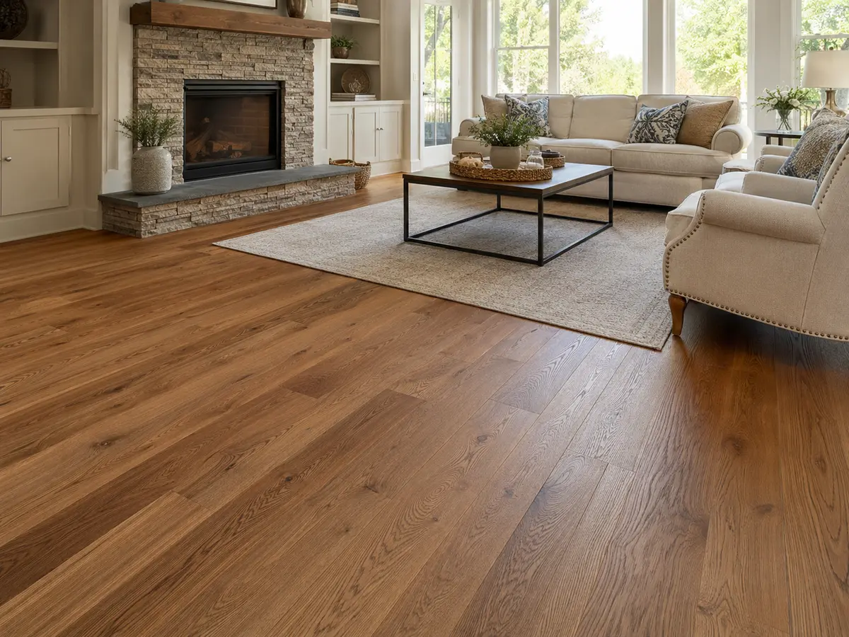Solid hardwood flooring in a bright living room