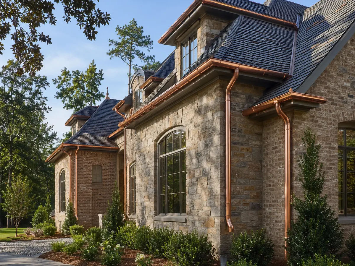 Stone home with copper gutters and downspouts