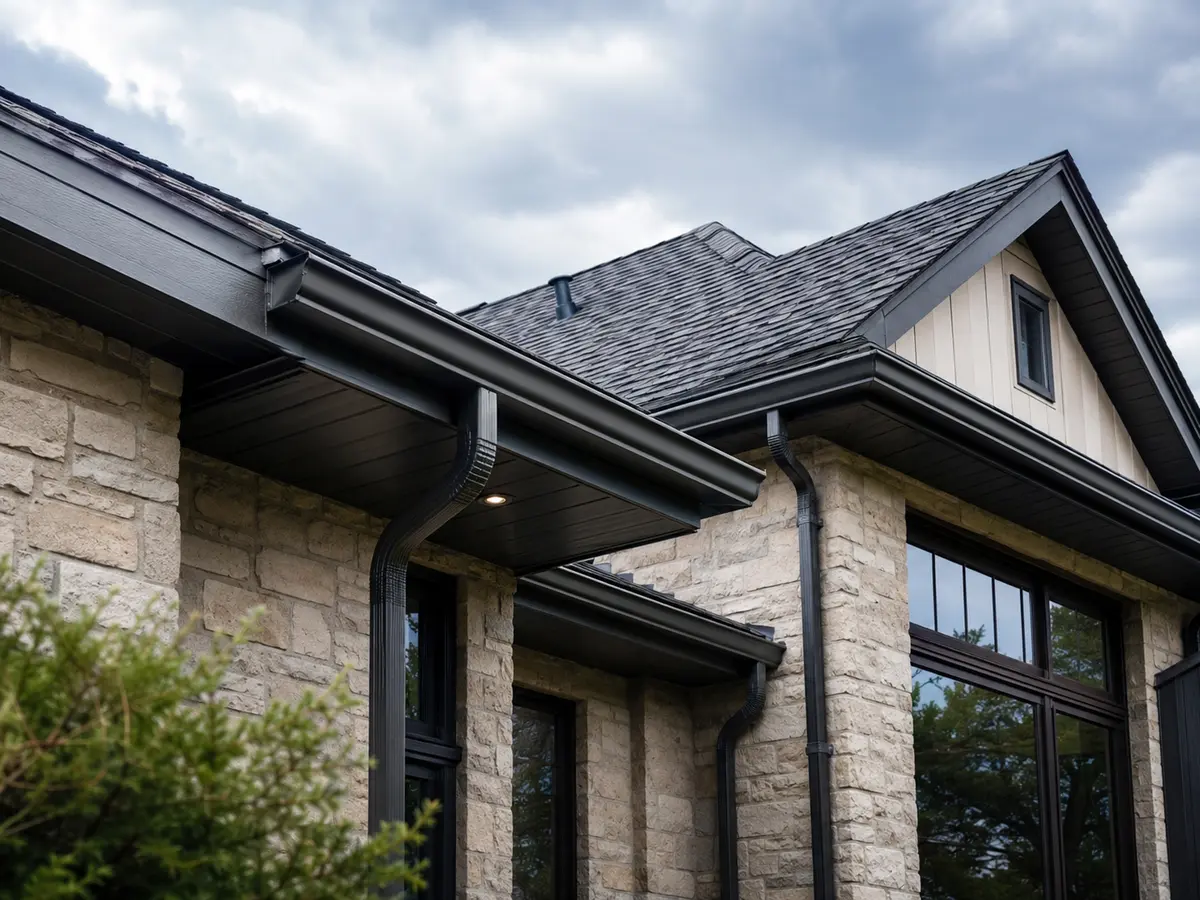 Contemporary home with dark steel gutters