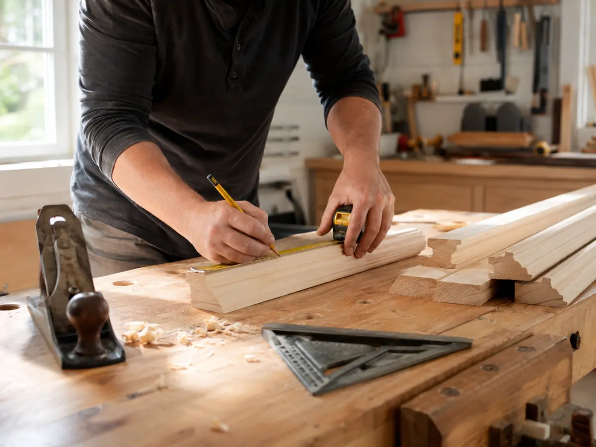 Handyman measuring wood trim at a workshop bench