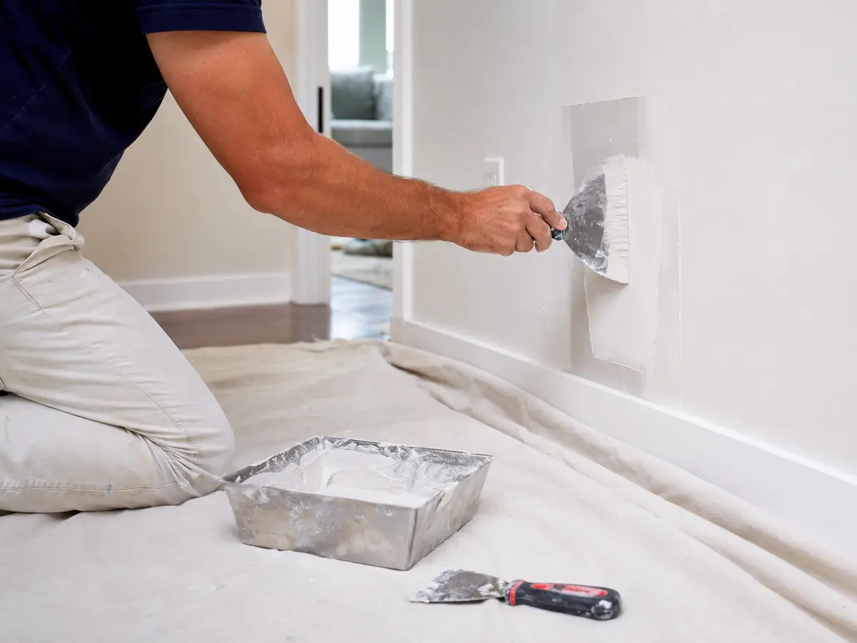 Handyman applying joint compound to a drywall patch