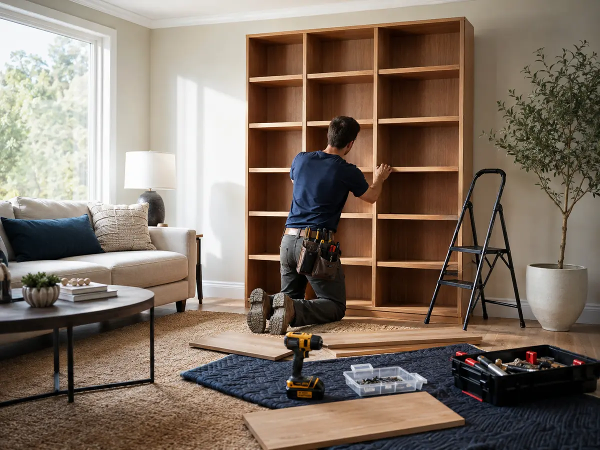 Handyman assembling a wooden bookcase