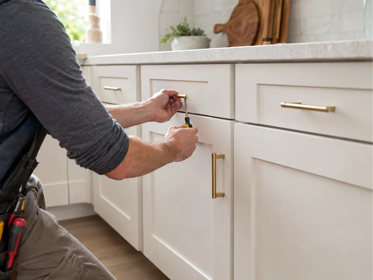 Handyman installing cabinet handles in a modern kitchen