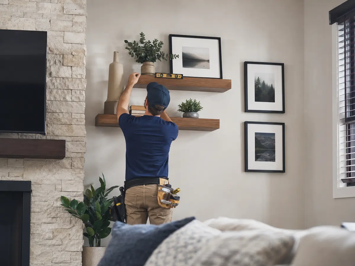 Handyman installing floating wall shelves