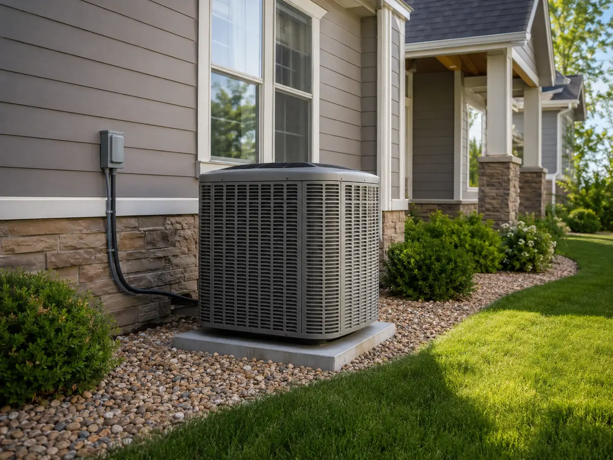 Central air conditioning condenser beside an American home