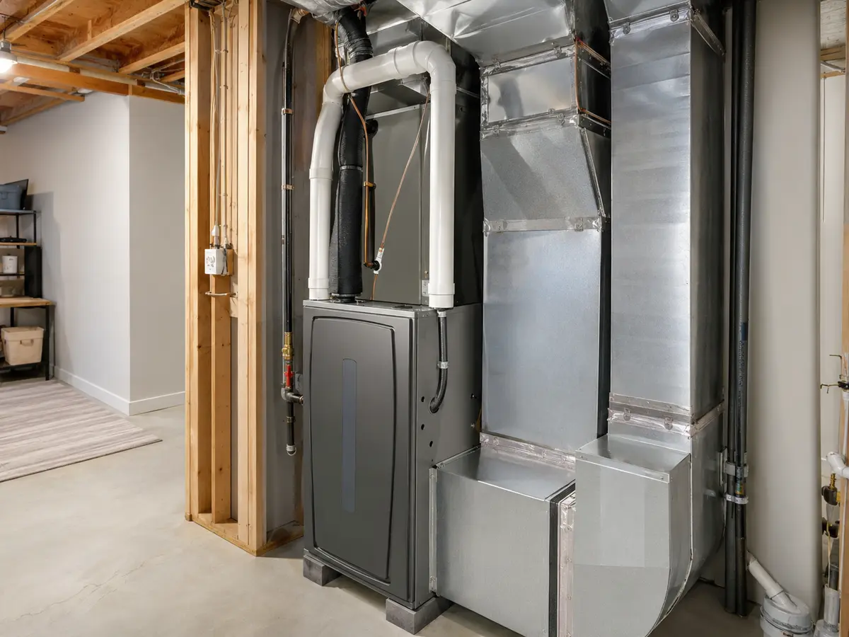 Residential furnace system with ductwork in a home mechanical room