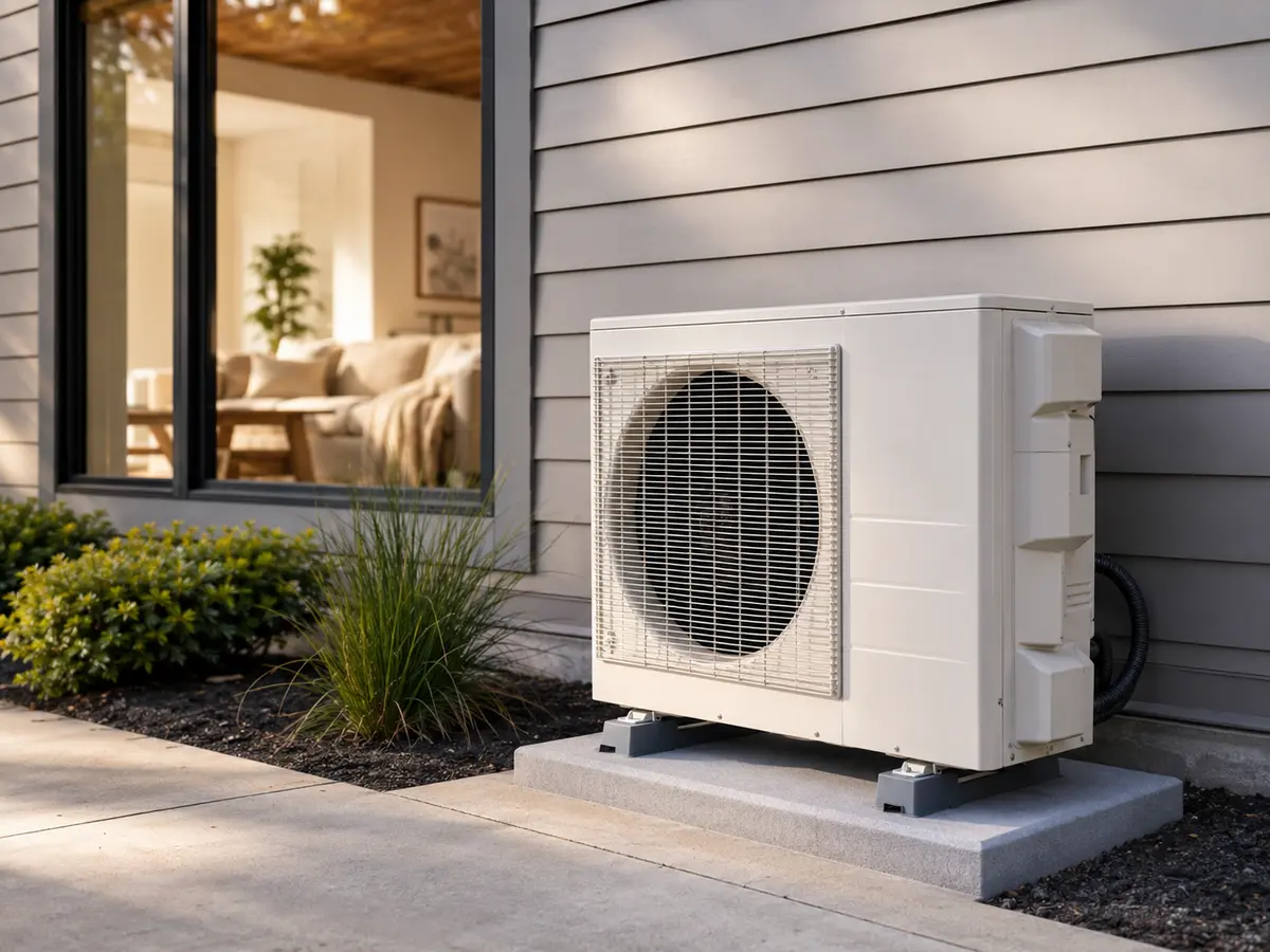 Residential heat pump outdoor unit beside a modern home