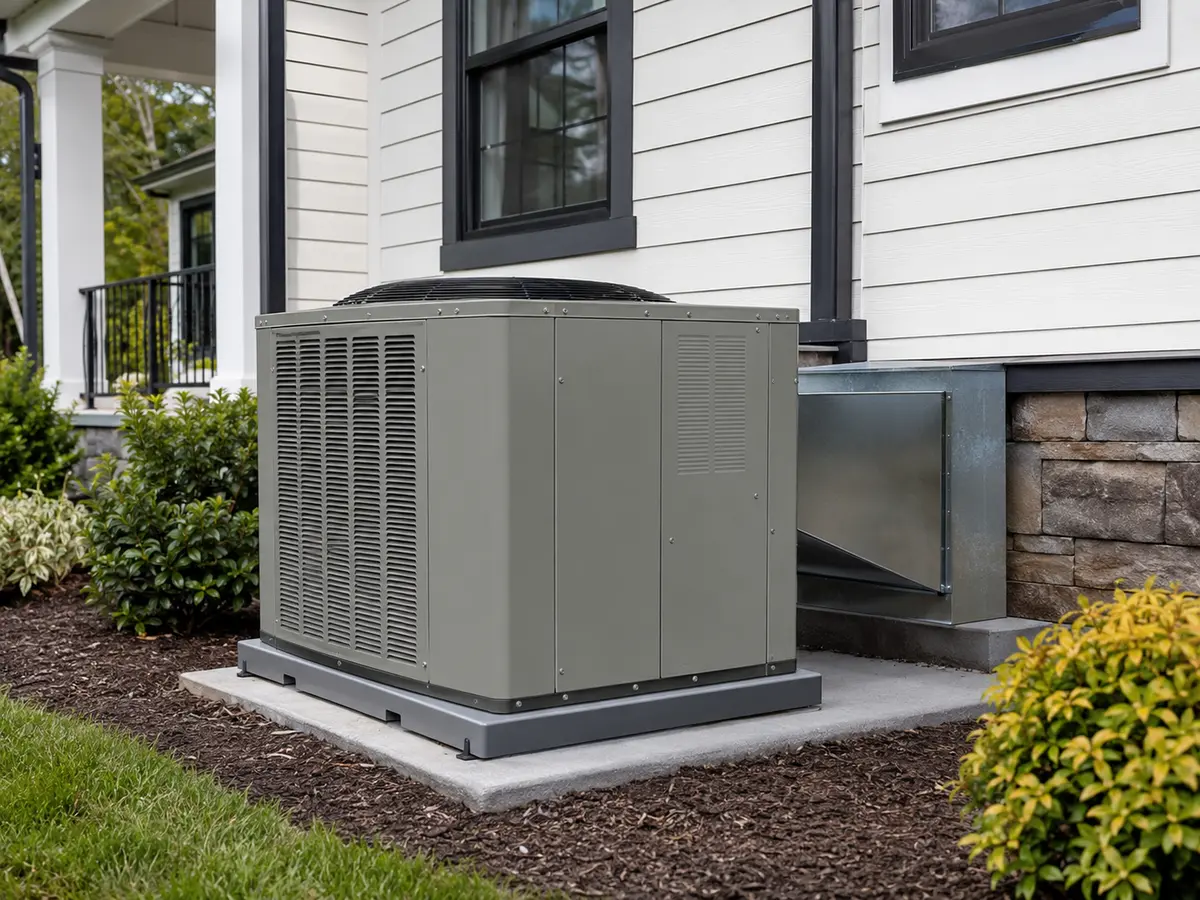 Residential packaged HVAC unit installed beside a home