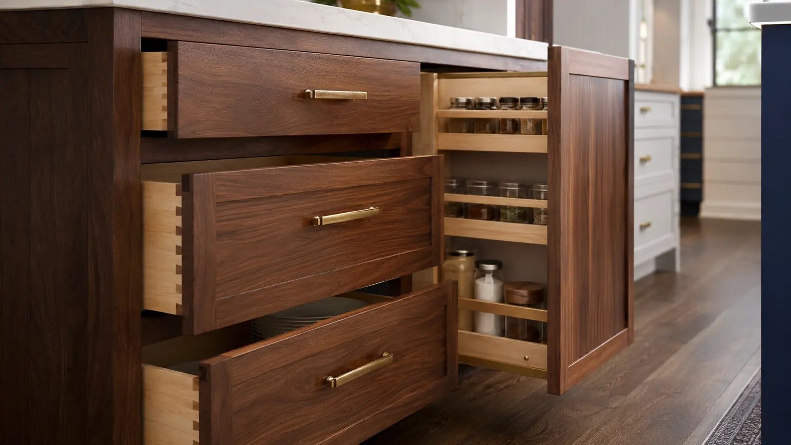 Close view of custom walnut kitchen cabinets, drawers, and pull-out organizer