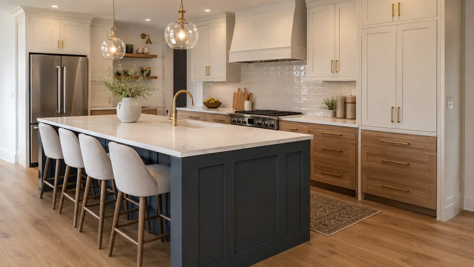 Remodeled kitchen island with seating, countertops, and surrounding cabinetry
