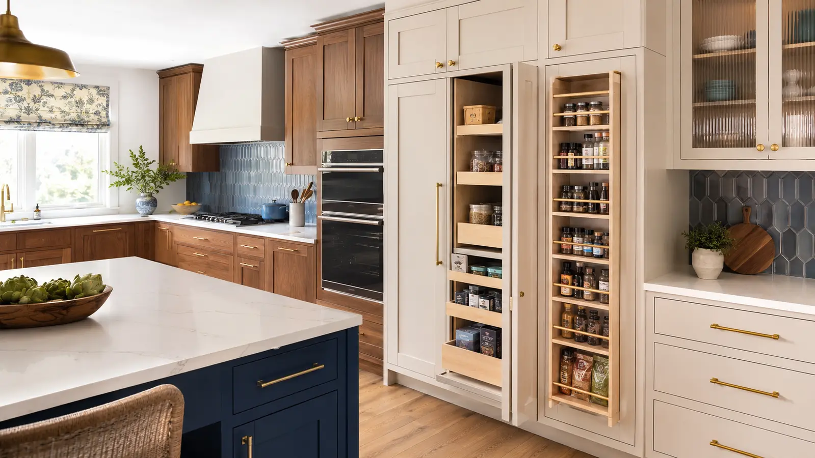 Kitchen pantry cabinets with pull-out storage and coordinated finishes
