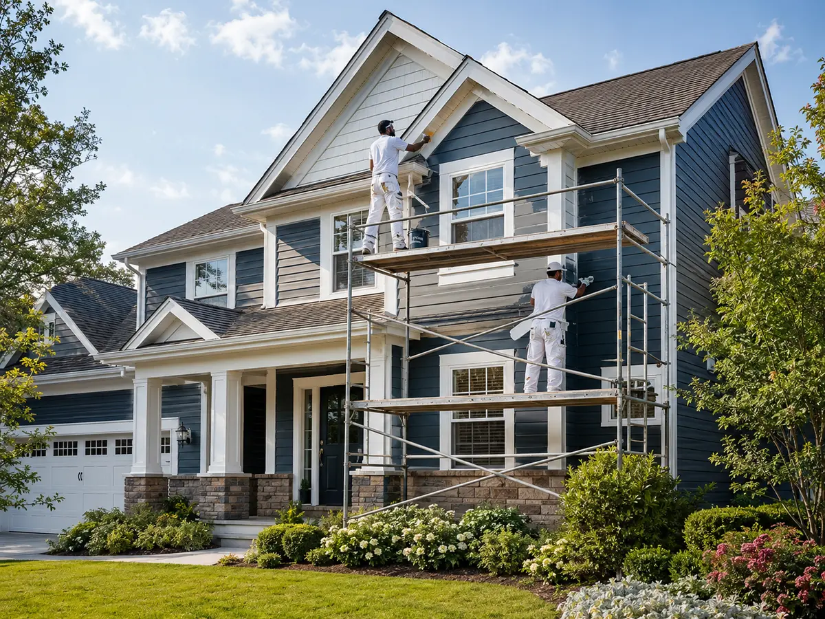 Professional painters applying a blue-gray exterior finish to an American home