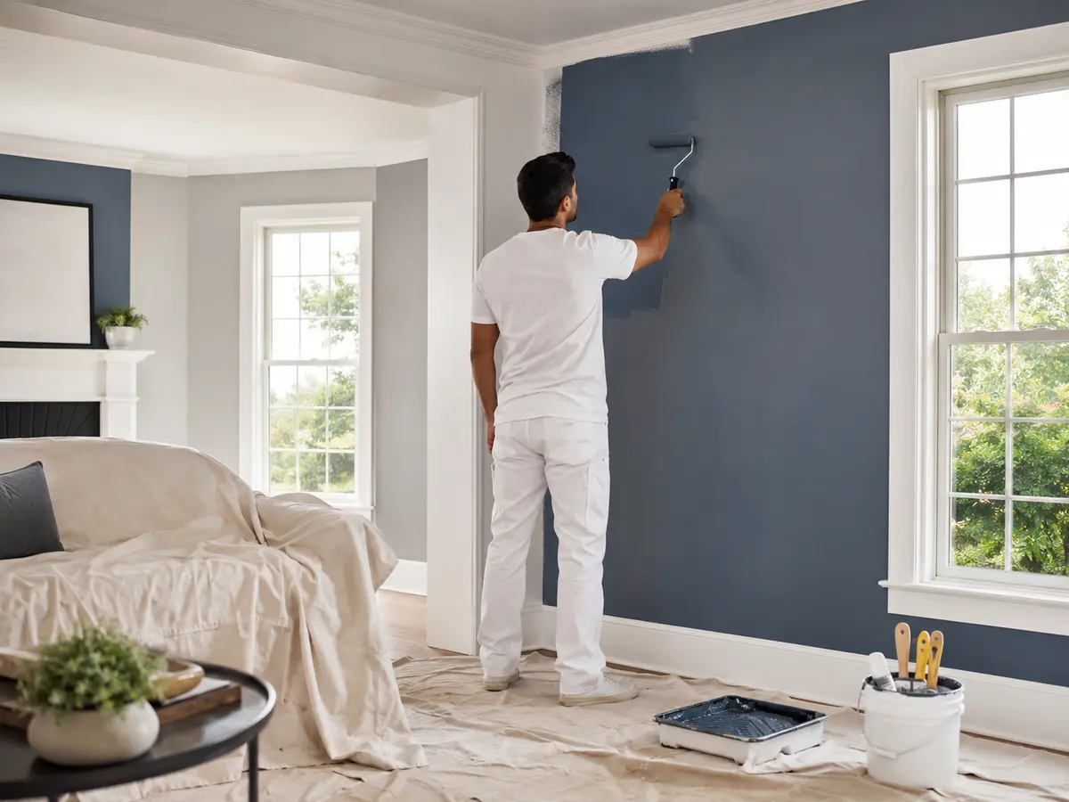 Professional painter applying a blue-gray finish to an interior living room wall