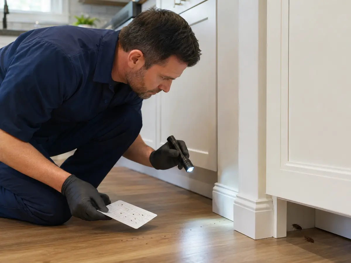 Professional inspecting ants and cockroach activity near kitchen cabinetry