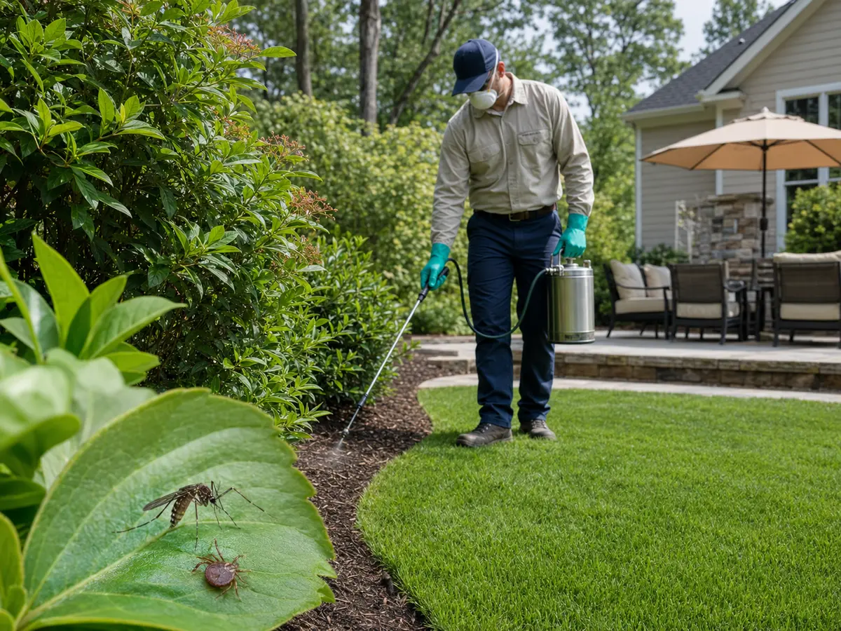 Professional inspecting and treating a landscaped yard for mosquitoes and ticks