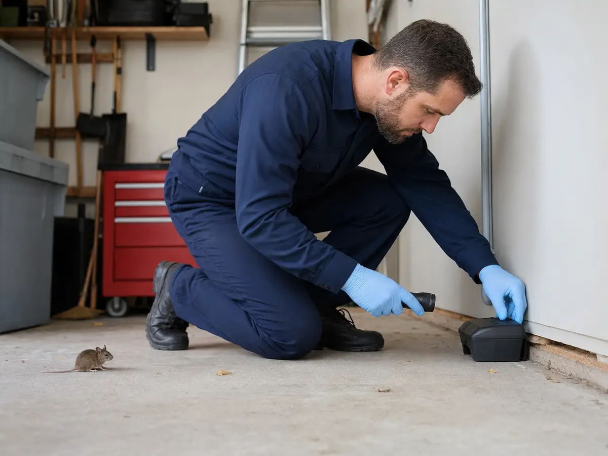 Professional inspecting a rodent entry point and monitoring station in a garage