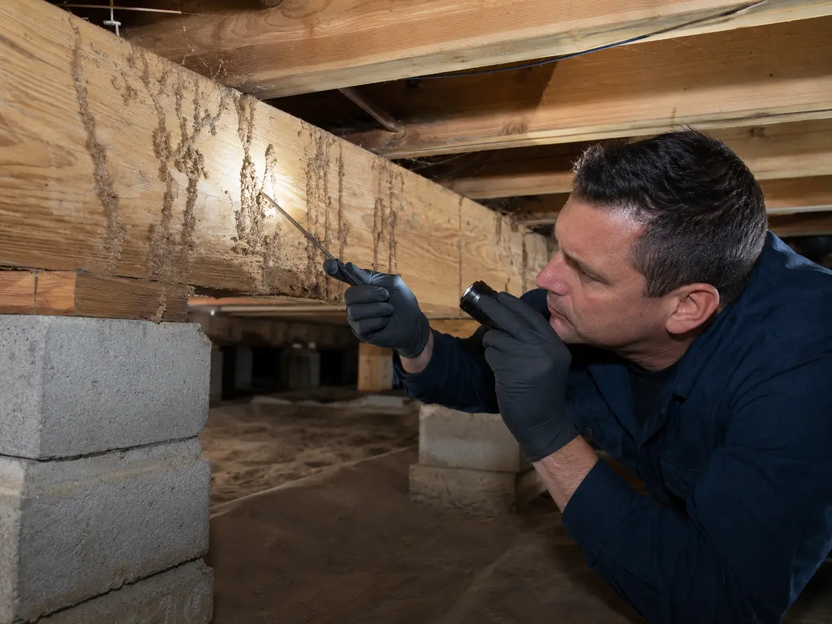 Professional inspecting termite mud tubes and wood damage in a home crawlspace