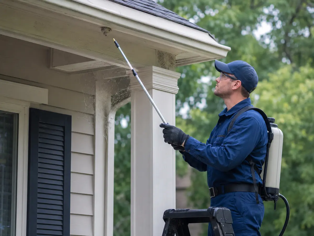 Professional inspecting a wasp nest and spider web beneath a porch eave