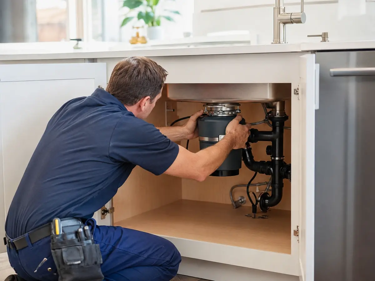 Plumber installing a kitchen garbage disposal