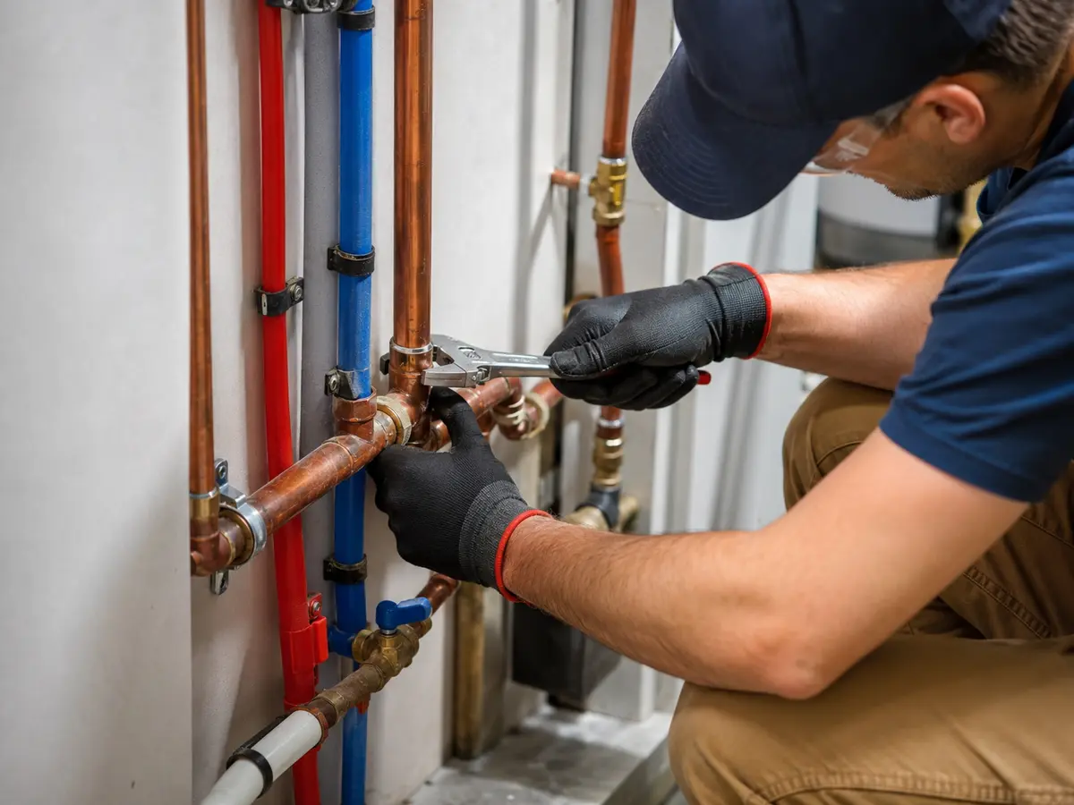 Plumber repairing residential water pipes