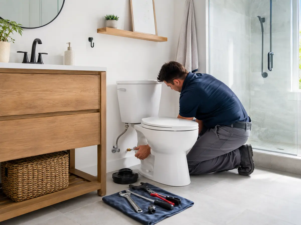 Plumber repairing a modern residential toilet