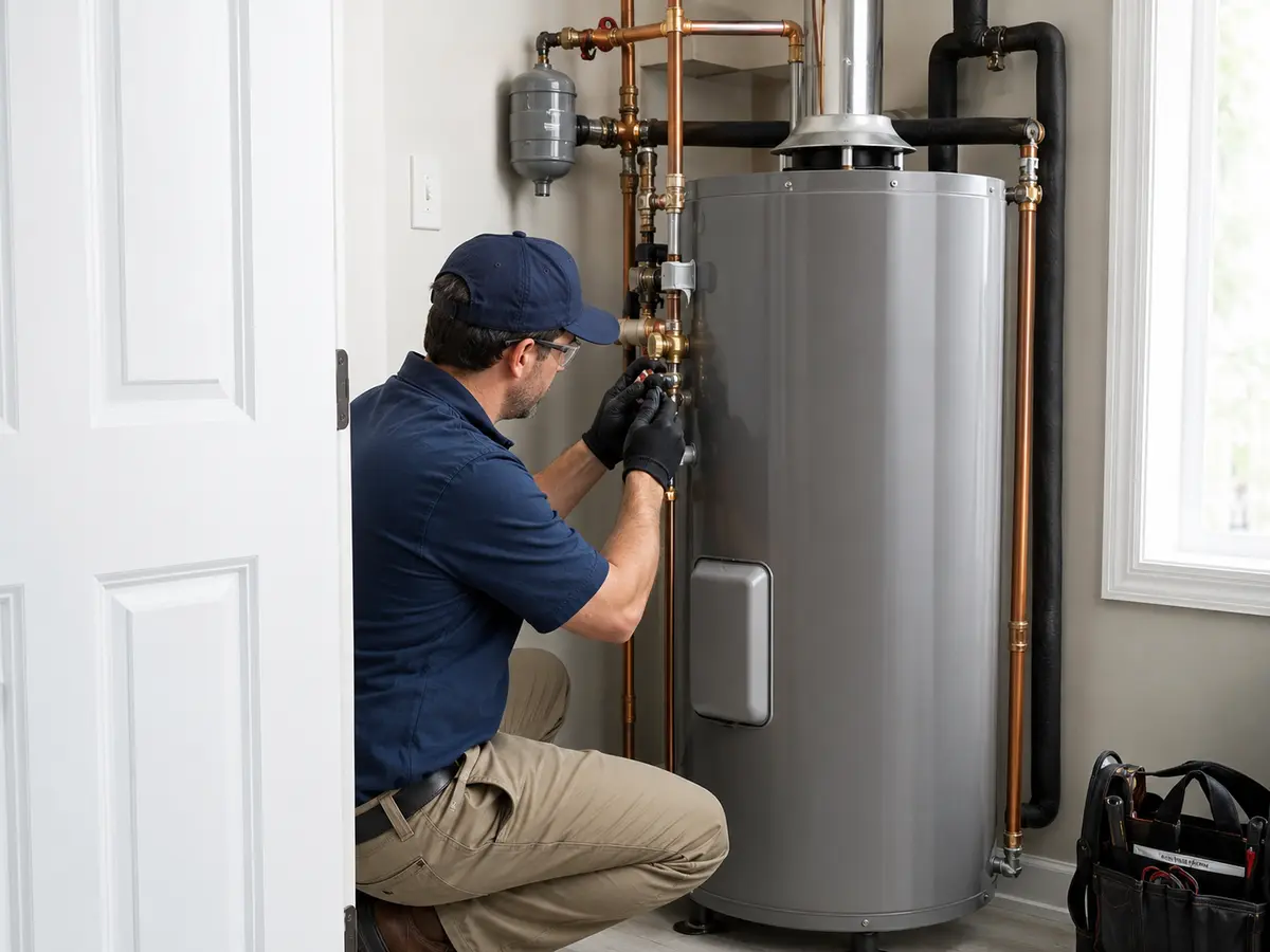 Plumber servicing a residential water heater