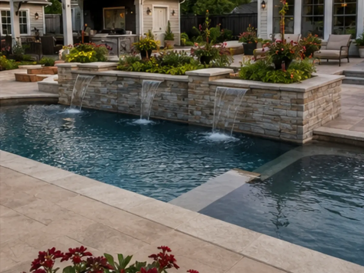 Finished pool deck with a residential water feature