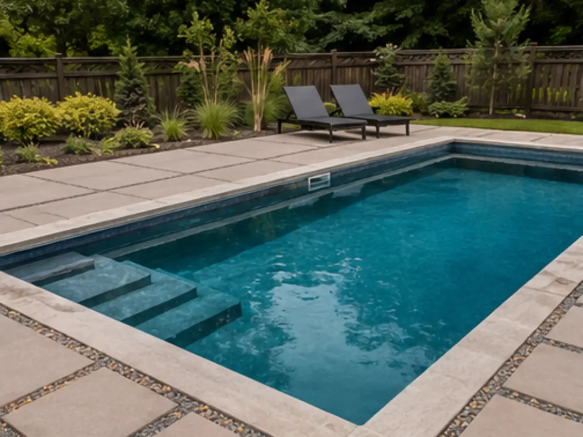 Modern fiberglass pool in a landscaped backyard