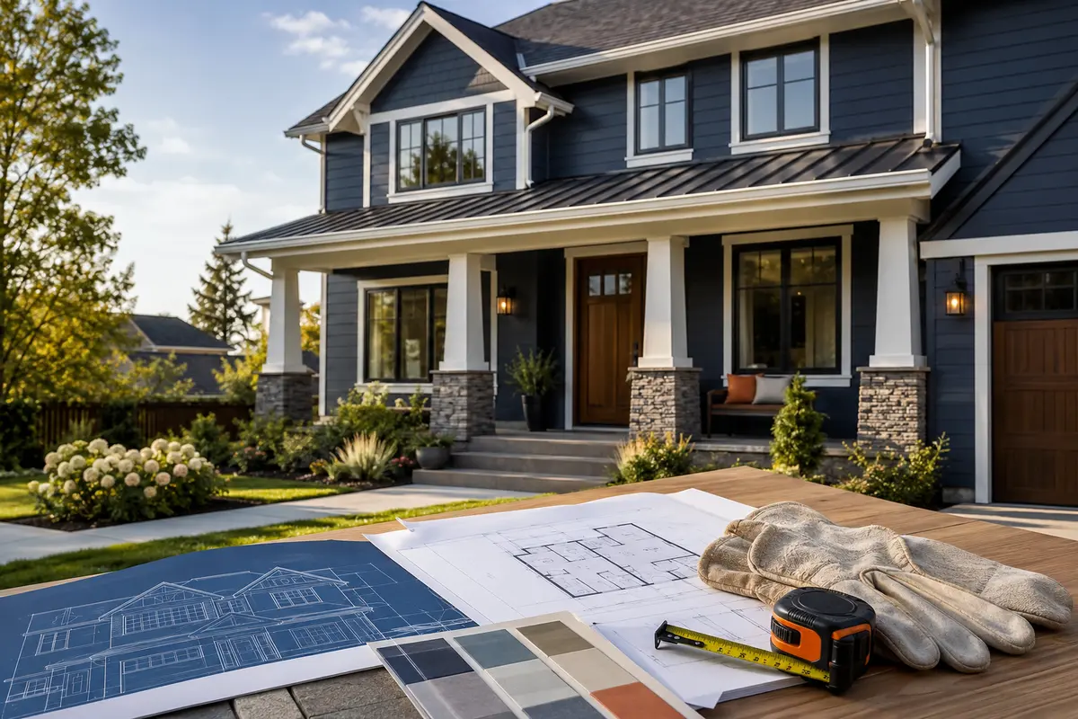Home improvement planning materials outside an updated home